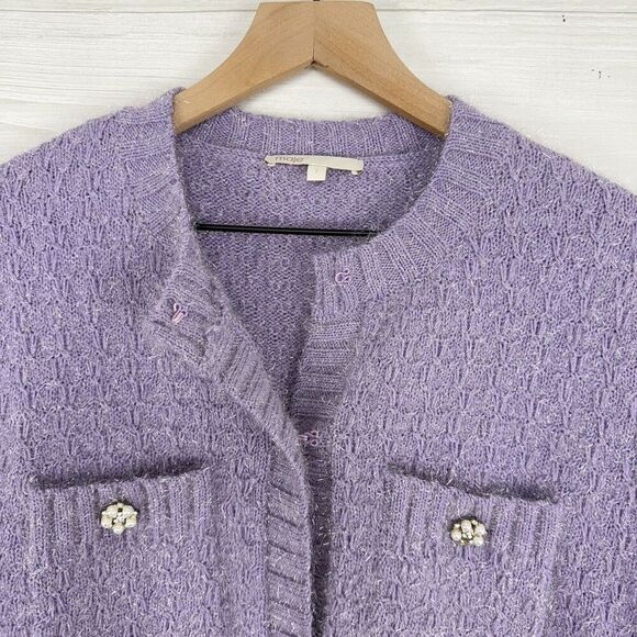 Maje Purple Cardigan Size 1 Small Lurex Knit Pearl Cluster Buttons Ballet Core - Picture 6 of 16